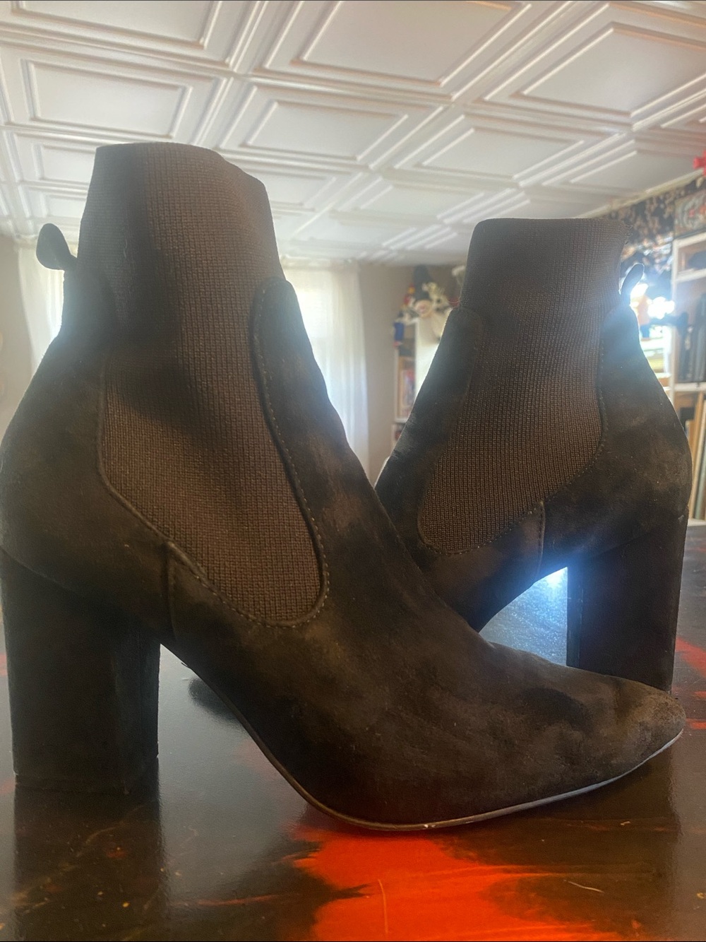 Steve Madden Black Suede Block Heel Chelsea Booties